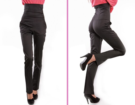 High Waist Trousers Cotton Gloss Effect 