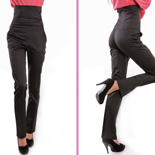 High waist trousers, Cotton gloss effect pants , 4-buttoned high rise trousers, High corset type pants, Italian pockets, BonelliLux