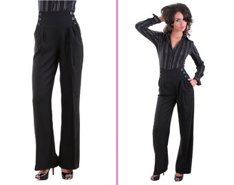 Pantalon taille haute en laine douce, Pantalon large plissé, Pantalon type corset, Pantalon boutonné des deux côtés, Poches italiennes, BonelliLux