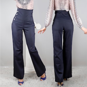 High waist stretch corset pants just under the bust, Double side buttons, No pockets, Flare, Relaxed, Loose, Boot-cut leg, BonelliLux