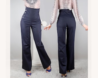 High waist stretch corset pants just under the bust, Double side buttons, No pockets, Flare, Relaxed, Loose, Boot-cut leg, BonelliLux