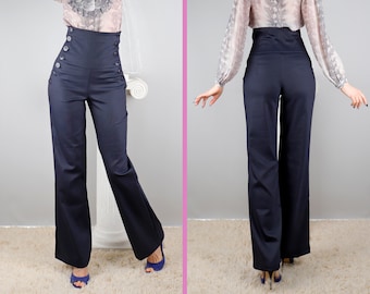 High waist stretch corset pants just under the bust, Double side buttons, No pockets, Flare, relaxed, loose, boot-cut leg, BonelliLux