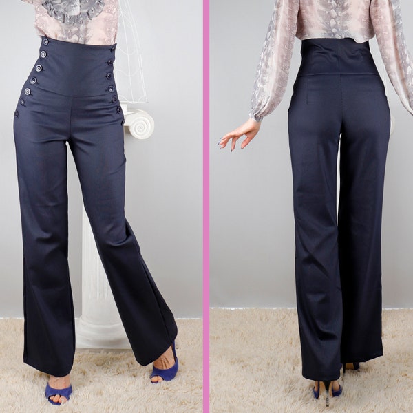 High waist stretch corset pants just under the bust, Double side buttons, No pockets, Flare, relaxed, loose, boot-cut leg, BonelliLux