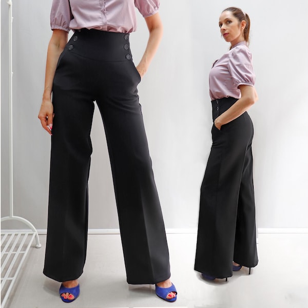 High waist wintry bistretch trousers, Double breasted corset type pants, Wide leg pants, BonelliLux