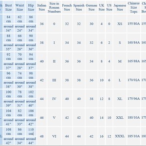 May include: A comprehensive clothing size conversion chart presented in a table format. It lists measurements for bust, waist, and hip in both centimeters and inches, alongside corresponding size standards for Italian, French, Spanish, German, UK, US, and Japanese markets.