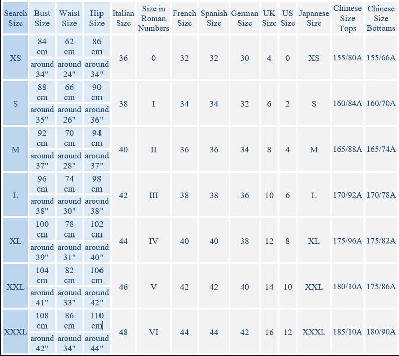 May include: A comprehensive clothing size conversion chart presented in a table format. It lists measurements for bust, waist, and hip in both centimeters and inches, alongside corresponding size standards for Italian, French, Spanish, German, UK, US, and Japanese markets.