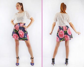 Cotton flowers skirt, Short bloom skirt, Pleated skirt, Exotic summer skirt, Bonelli Lux