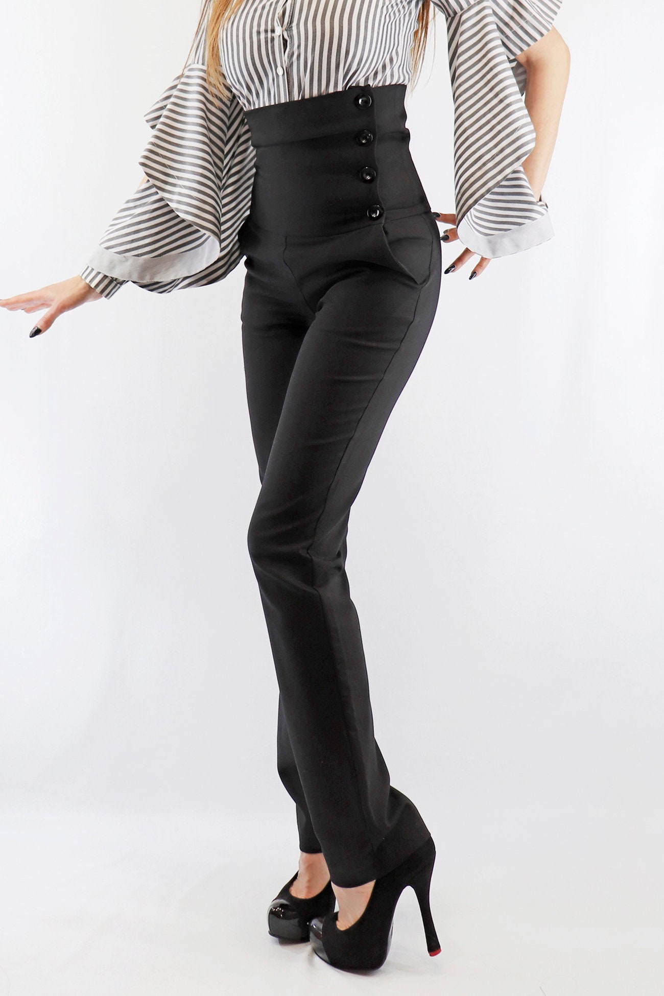 Stretch High Waist Trousers, Corset Type Pants Just Below the Bust, Left  Side Buttoned Pants, Italian Pockets, Bonellilux 