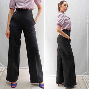High waist wintry bistretch trousers, Double breasted corset type pants, Wide leg pants, BonelliLux