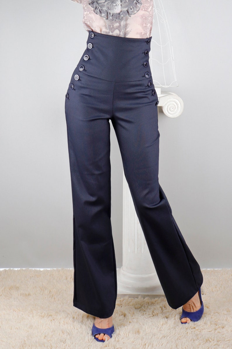 Pantalon corset stretch taille haute juste sous la poitrine, Double boutons latéraux, Sans poche, Flare, décontracté, ample, jambe boot-cut, BonelliLux image 2