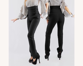 Stretch high waist trousers, Corset type pants just below the bust, Left side buttoned pants, Italian pockets, BonelliLux