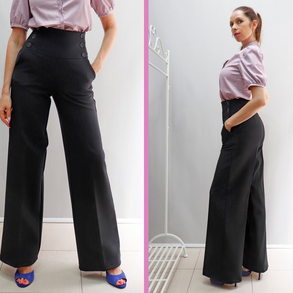 High waist warm trousers, Double breasted corset type pants, Wide leg pants, BonelliLux