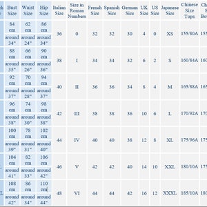 May include: A size chart with measurements in centimeters and inches for bust, waist, and hip sizes. Includes Italian, French, Spanish, German, UK, US, and Japanese sizes, along with Chinese top and bottom sizes. Sizes range from XS to XXXXL.