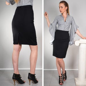Black pensil stretch skirt, Waist belt skirt, A slit down in the middle of the back,  Classic business skirt, Bonellilux