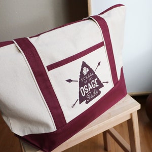 School of the Osage Indians small canvas tote bag, lake ozark, missouri, silkscreen vintage design, arrowhead graphics, boat bag