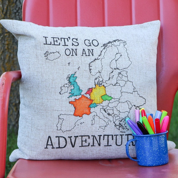 europe let's go on an adventure pillow sham, travel gift, adventure camper decor, customizable pillow sham, europe map, DIY camping gift
