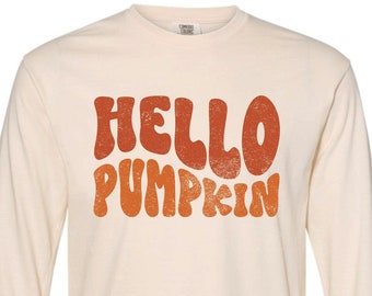 Hello Pumpkin Long Sleeve Comfort Colors, autumn tshirt, unisex graphic tee, shirt with saying, pumpkin patch retro design, ivory tee
