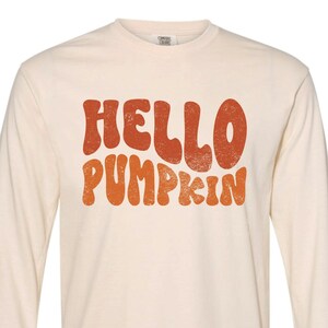 Könnte beinhalten: Cremefarbenes Langarmshirt mit dem Schriftzug "HELLO PUMPKIN" in orangefarbenen Buchstaben im Retro-Stil. Das Shirt hat einen Rundhalsausschnitt und lange Ärmel mit gerippten Bündchen. Der Text hat einen Used-Look.