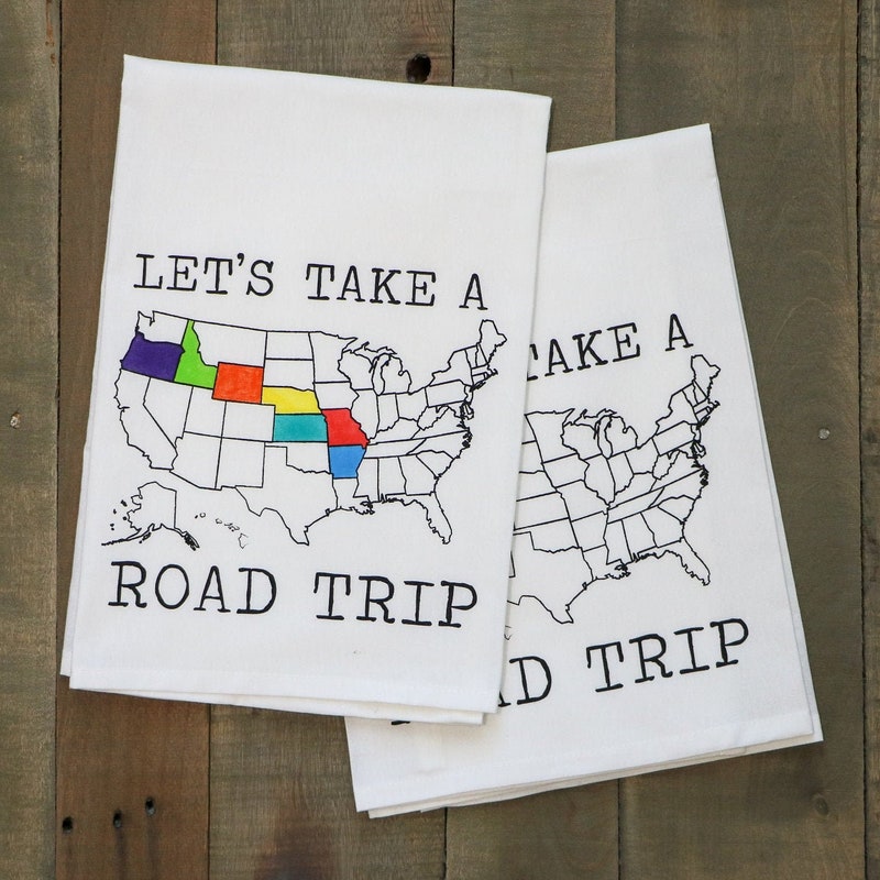 let&#39;s take a road trip tea towel, travel gift, adventure camper decor, customizable kitchen camp gift, US map towel DIY decor RV accessory