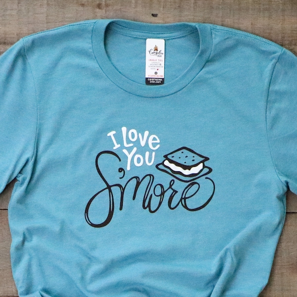 i love you s'more tshirt, smores tee soft graphic tee, light blue shirt, handrawn design, roast marshmallow, campfire, firepit fun shirt