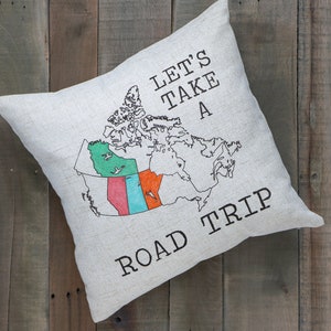 canada let's take a road trip pillow sham, travel gift, 18x18 camper decor, customizable pillow sham, Canada map, DIY decor RV accessory