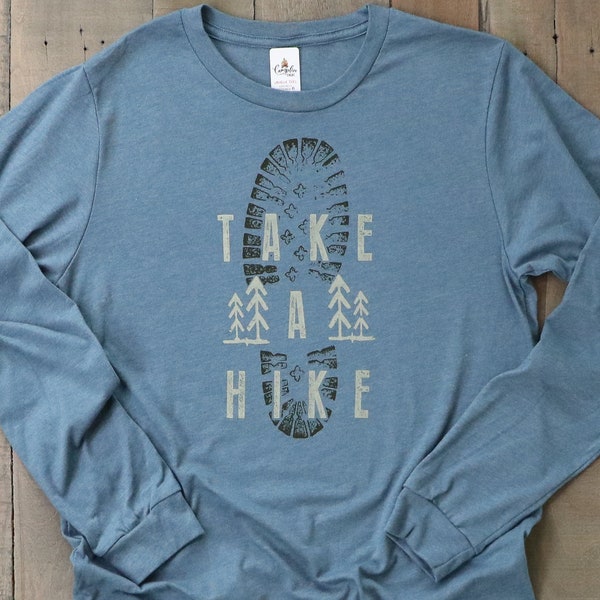 take a hike shirt, soft blue graphic tee, hiking boot long sleeve tshirt, outdoor adventure trail tree design unisex t-shirt saying for dad