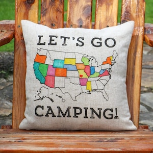 let's go camping TAN pillow sham, travel gift, adventure camper decor, customizable pillow sham, united states map camp gift, RV accessories