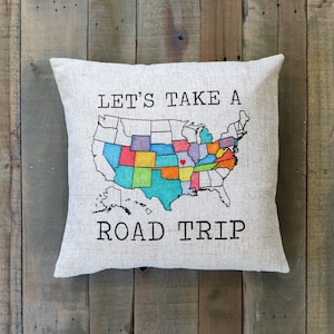 road trip pillow sham, travel gift, camper decor, DIY camping, unique wedding gift for adventure couple, customizable US map cover 18x18