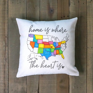 home is where the heart is pillow sham, travel gift, adventure camper decor, customizable 18x18 pillow sham, US map, DIY RV camp gift