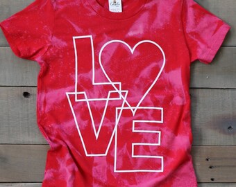 Youth LOVE Valentine's Day tee, unisex shirt, red bleached cotton tee, bleach dyed red Heart graphic tee for kids