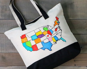 DIY US Map Tote Bag, Road Trip Travel Canvas Bag