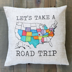 let's take a road trip pillow sham, travel camp gift, adventure camper decor, RV customizable US map pillow, 18x18 sham, DIY camping gift image 6