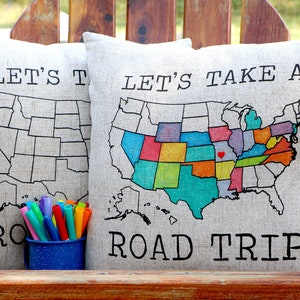 let's take a road trip pillow sham, travel camp gift, adventure camper decor, RV customizable US map pillow, 18x18 sham, DIY camping gift image 1