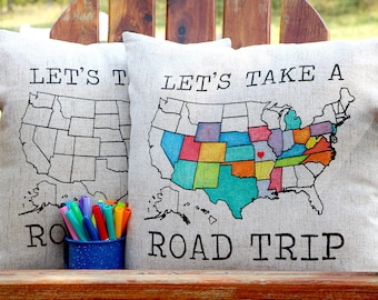 Let's Take A Road Trip TAN customizable pillow sham with the United States US Map 18x18
