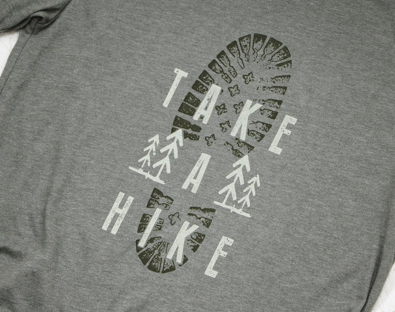 take a hike shirt, soft green graphic tee, hiking boot tshirt, outdoor adventure trail tree design unisex t-shirt with saying, gift for dad image 2