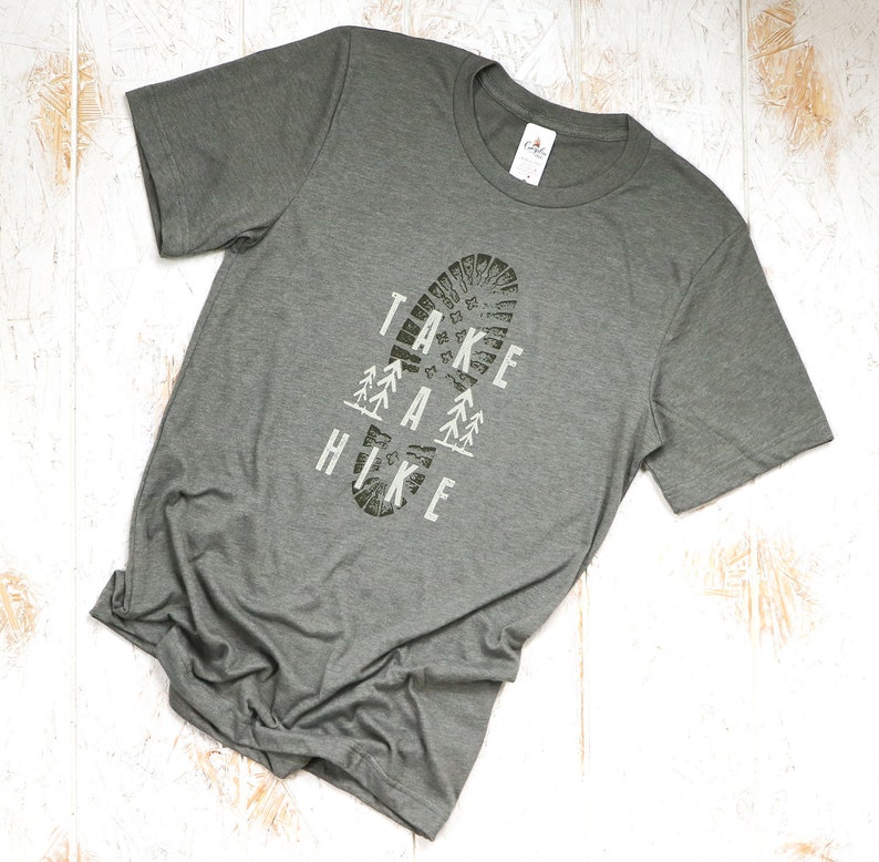 take a hike shirt, soft green graphic tee, hiking boot tshirt, outdoor adventure trail tree design unisex t-shirt with saying, gift for dad image 1