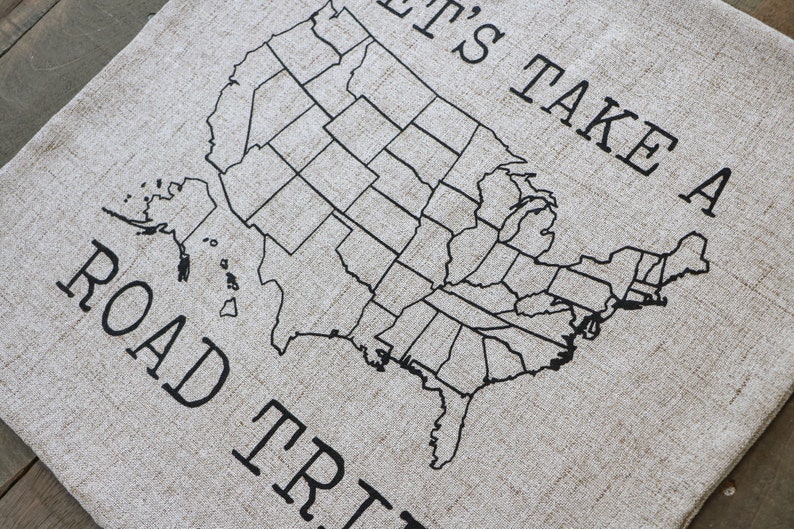 let's take a road trip pillow sham, travel camp gift, adventure camper decor, RV customizable US map pillow, 18x18 sham, DIY camping gift image 3