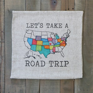 let's take a road trip pillow sham, travel camp gift, adventure camper decor, RV customizable US map pillow, 18x18 sham, DIY camping gift image 4