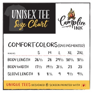 May include: Unisex tee size chart for comfort colours dye pigmented shirts. The chart shows measurements in inches for body length, body width, and sleeve length for sizes S, M, L, XL, and 2XL.