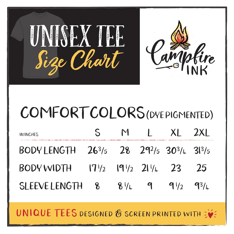 May include: Unisex tee size chart for comfort colours dye pigmented shirts. The chart shows measurements in inches for body length, body width, and sleeve length for sizes S, M, L, XL, and 2XL.