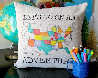 Let's Go On An Adventure GRAY customizable pillow sham with the United States US Map