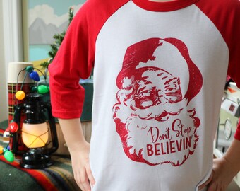 Kids Santa Baseball T-Shirt, Don't Stop Believin' Christmas Tee