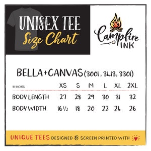 Op de afbeelding: Unisex t-shirt maattabel voor Bella + Canvas merk t-shirts. De maten vari&euml;ren van XS tot 2XL. De maten zijn in inches voor de lichaamslengte en -breedte.
