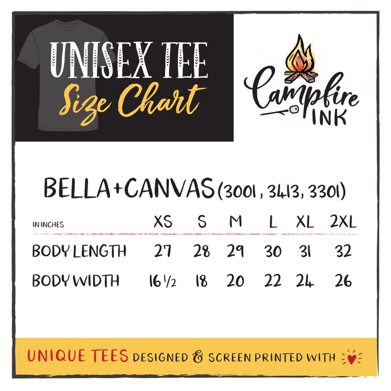Op de afbeelding: Unisex t-shirt maattabel voor Bella + Canvas merk t-shirts. De maten vari&euml;ren van XS tot 2XL. De maten zijn in inches voor de lichaamslengte en -breedte.