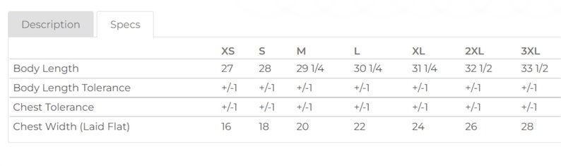 May include: Size chart for a garment with measurements in inches for body length, chest width, and tolerance for each size from XS to 3XL.