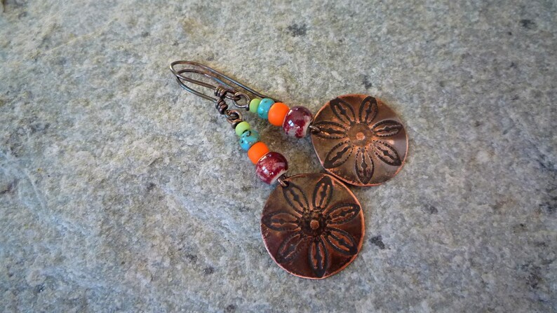 Artisan earrings Boho earrings Handmade earrings Colorful earrings Hippie earrings Copper earrings