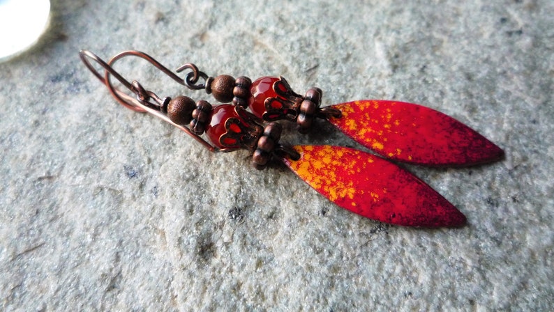 Copper earrings Artisan earrings Hindu earrings Bohemian earrings Ethnic earrings Red enamel earrings