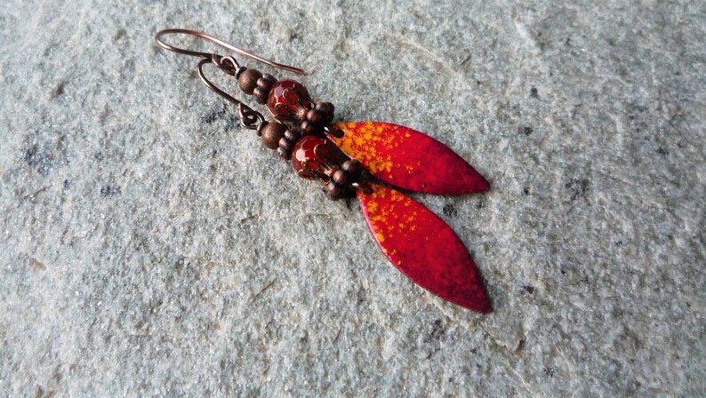 Copper earrings Artisan earrings Hindu earrings Bohemian earrings Ethnic earrings Red enamel earrings