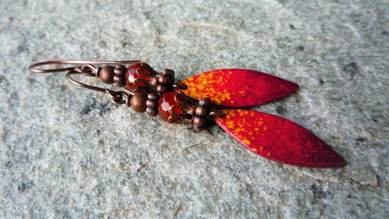 Copper earrings Artisan earrings Hindu earrings Bohemian earrings Ethnic earrings Red enamel earrings