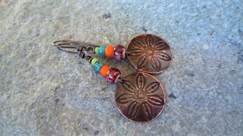 Artisan earrings Boho earrings Handmade earrings Colorful earrings Hippie earrings Copper earrings